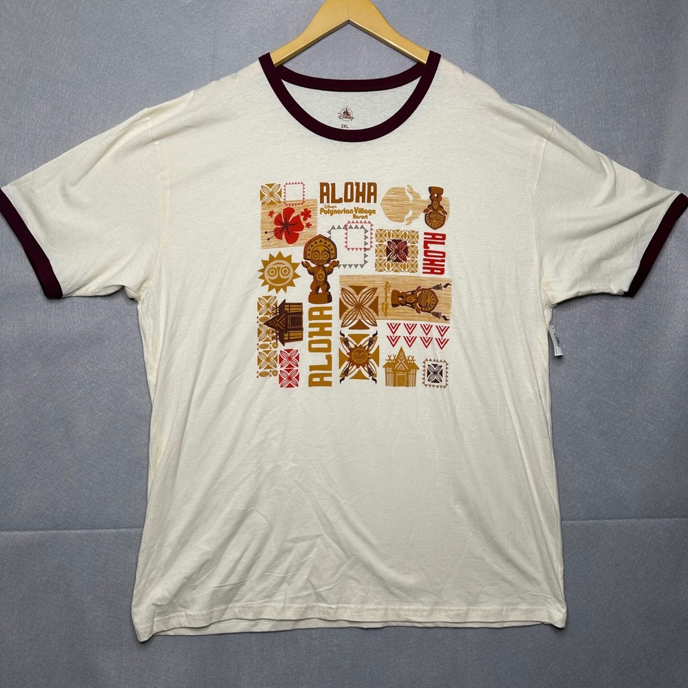 Disney Women T-Shirt 2XL Cream New Polynesian Village Resort Aloha Tiki Ringer